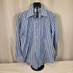 Vintage 70s Brewster Striped Button Up Shirt Blue Retro Wide Collar